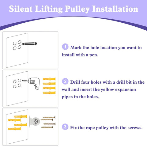 Silent Lifting Pulley installation guide showing steps to mark holes, drill and fix the Tough As Nails V Groove Wheel Pulley Block.