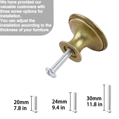 Heavy Duty Zinc Alloy Flat Round Drawer Pulls in a Pack of Twenty Red Antique Brass Knobs with screws for easy installation.
