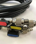 Heavy Duty Five Foot Refrigerant Charging Hoses With Straight Shot Ball Valve And Matte Black Chrome Accents close-up of connectors and valves