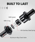 Exploded view of Five Sixteenths Inch Inline Fuel Check Valve One Way Non Return with aluminum 6061-T6 black finish components.