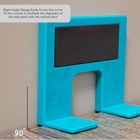 Easy Hinge Mate Quick Door Hinge Jig For Precise 2mm Alignment And Fast Door Jamb Latch Installations Cabinet Hinge Mounting Plate With Magnetic Guide shown in right angle position against cabinet panel.