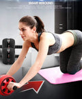Heavy Duty Ab Roller Featuring Silent Glide Wheels And Grippy Foam Handles, user demonstrating core exercise on a pink mat.