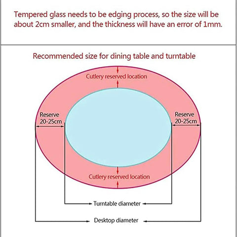 Size diagram for Premium Tempered Glass Lazy Susan Turntable Serving Tray, showing recommended dimensions for dining and turntable.