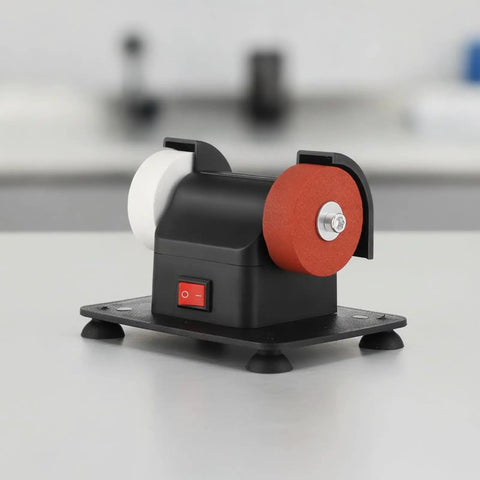 Hardcore Desktop Bench Grinder Featuring Dual Polishing Wheels And Slick Operation From A Rugged Copper Motor, compact, black design.