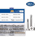 182Pcs Cross Flat Head Self Drilling Tapping Screws Kit M4.2 Washer Bolts 410 Stainless Steel in box with label and bits