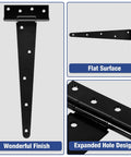 Heavy Duty 12 Inch T Strap Black Gate Hinges Featuring Dang Smooth 270 Degree Rotation For Barn Shed And Fence Gates shown from flat surface angle.