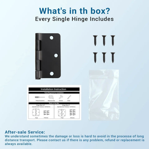 Heavy Duty Matte Black Square Door Hinges 3.5 Inch Rust Proof Coating 18 Pack includes screws and installation instructions.