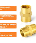 Brass Pipe Fittings Hex Nipple and Hex Coupler 3/8 Inch NPT Male and 3/8 Inch NPT Female Threads with Pressure Rating Display