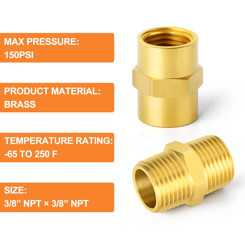 Brass Pipe Fittings Hex Nipple and Hex Coupler 3/8 Inch NPT Male and 3/8 Inch NPT Female Threads with Pressure Rating Display