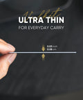 Hand holding ultra thin RFID blocking card, 0.03 inch thick, two pack RFID blocking cards for wallet protect your credit debit and ID from NFC skimming in business or travel no batteries needed durable shield for contactless cards