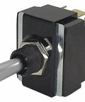 Close-up of DPDT Toggle Switch with eight connections and On/Off/On function, 20A at 12V AC for motors and appliances, beefy design.