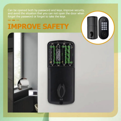 Lockdown Secure Electronic Keypad Self Locking Deadbolt Keyless Entry Door Lock Featuring Anti Peep Virtual Password Code No Keys Hassle Free Setup For Front Door Home Office Black Matte Finish with battery compartment view.