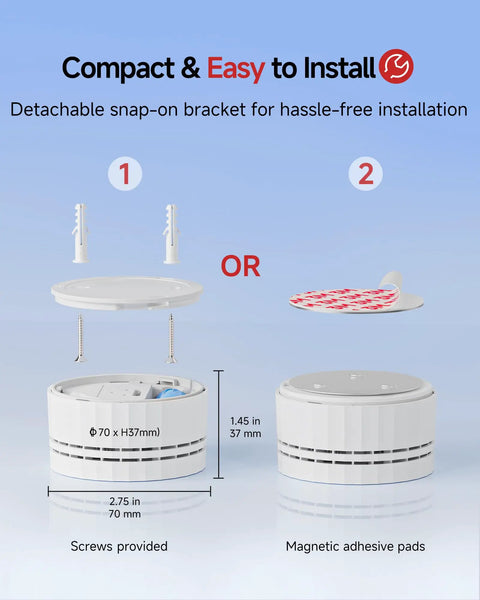 Top Shelf Battery Powered Photoelectric Smoke Detector And Home Alarm With Sleek Low Profile Design shown with installation options.