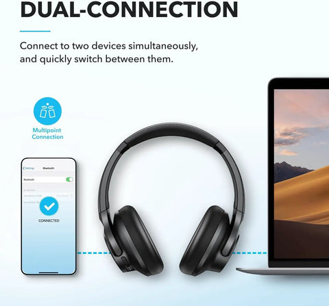 Q20i Hybrid Active Noise Cancelling Wireless Over Ear Headphones With 40 Hour Battery Life Dope Bass Rich Hi Res Audio in black showing dual connection with phone and laptop.