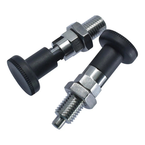 Heavy Duty Stainless Steel Indexing Plungers Featuring Self Locking Knob And Hexagonal Screw Design For Precise Positioning and Stop Limit Control Rock Solid Construction Rustproof Workhorse Pack showing two plungers with black knobs.