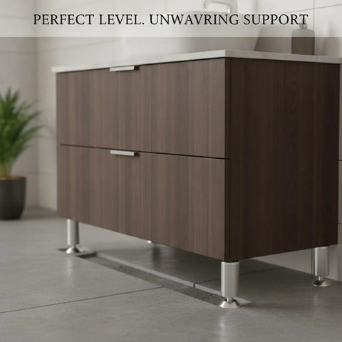 Rock Solid Adjustable Height Aluminum Cabinet Leg With Oxidized Finish supports a wooden vanity on an uneven floor.