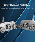 Built Tough Workhorse Tension Sensor For Wire Rope Featuring Triple Pulley Setup Rock Solid Load Cell Force Meter Up To 20Kg Capacity Rapid Dynamic Response Tracking - two views of a stainless steel tension sensor with overload protection.