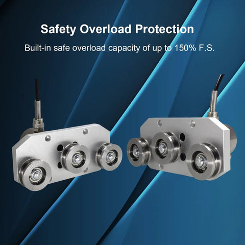 Built Tough Workhorse Tension Sensor For Wire Rope Featuring Triple Pulley Setup Rock Solid Load Cell Force Meter Up To 20Kg Capacity Rapid Dynamic Response Tracking - two views of a stainless steel tension sensor with overload protection.