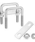 Two Pack Square U Bolts With Flange Nuts For Trailer And Automotive Use One And Three Quarters Inch Inner Width Two And Nine Sixteenths Inch Length 304 Stainless Steel U Bolts With Frame Plates, including frame plate and nuts, on a white background