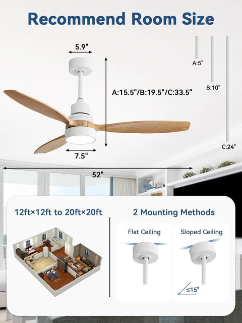 52 Inch Modern Wood Ceiling Fan With Lights Remote Control Reversible DC Motor Quiet Noiseless For Indoor Outdoor Farmhouse Bedroom Living Room Porch Patio 3 Wood Blades Downrod Options, shown in room with mounting measurements and methods