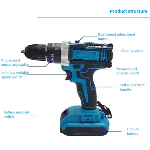 21V Brushless Cordless Drill Driver Featuring Variable Speed And 10mm Chuck Capacity shows structure with adjustable torque and multiple features.