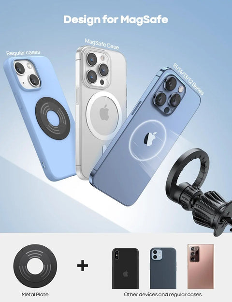 High Capacity MagSafe Car Mount Vent Holder With Blasted N52 Super Magnets Compatible With iPhone displayed with various phone cases.