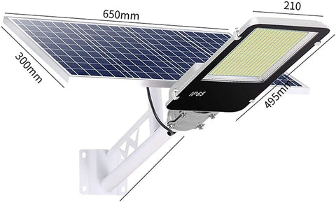 Heavy Duty Solar Flood Lamps With Slick Remote Control And Killer Radar Sensor. Dimensions show solar panel and light fixture.