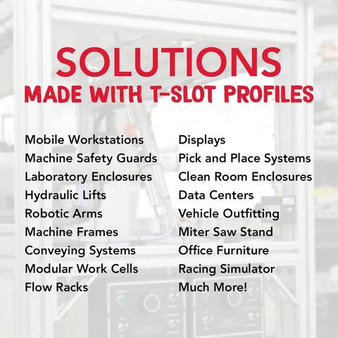 Solutions made with T-slot profiles showing various applications like mobile workstations and displays.