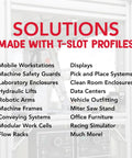 Solutions made with T-slot profiles including displays, mobile workstations, office furniture, and hydraulic lifts.
