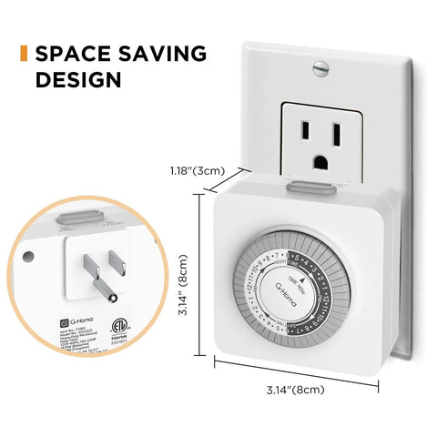No Sweat Plug In 24 Hour Mechanical Timer Outlet 2 Pack showing a compact design with dimensions labeled for easy use.