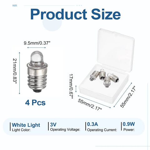 Four Pack E10 Miniature Screw Base Light Bulbs 3V 0.3A in transparent case, showing size and specifications for gadgets and hobby projects.
