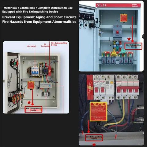 Heat Activated Auto Fire Extinguisher Sticker For Car Engine And Electric Battery Bay Tough As Nails in meter box installation image.