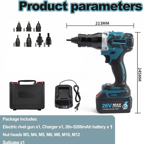 Heavy Duty Cordless Automatic Rivet Gun With Rechargeable Battery M3 To M12 Hex Heads Dual Speed Switch And Bright Led Lamp For Professional Grade Plug And Play Assembly Hustle with nut heads and charger
