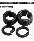 Black Slotted Stainless Steel Spring Lock Washers Anti Loosening Interlock Design Pro Grade Heavy Duty Metric Fasteners stacked and loose.
