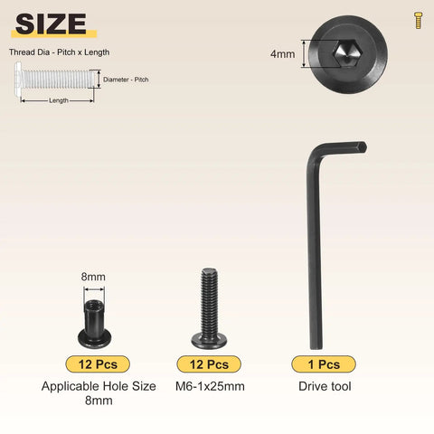 M6 Hex Socket Bed Screw and Barrel Nut Replacement Kit with Hex Wrench for furniture assembly, showing sizes and tools.