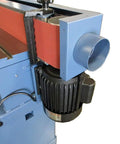 Close-up of 6 Inch By 89 Inch Tilting Edge Sander With Heavy Duty Adjustable Cast Iron Table, showing motor and graphite coated platen.