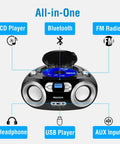 Portable CD Player Boombox With FM Radio Bluetooth USB Port And Aux Input For Home Or On The Go Compact Easy Use Design