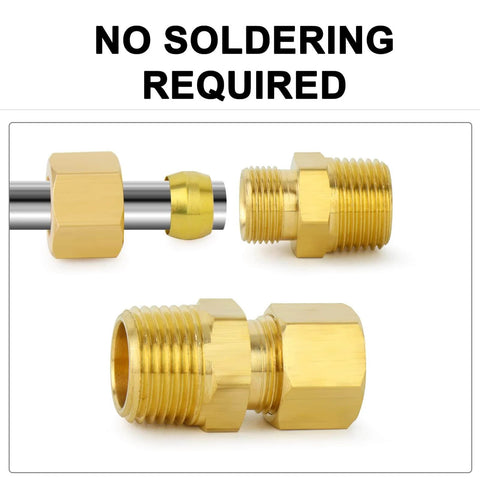 Brass Compression Tube Fitting 1/2 Inch OD x 1/2 Inch NPT Male Compression Union Connector 5 Pack shown in gold color, no soldering required.