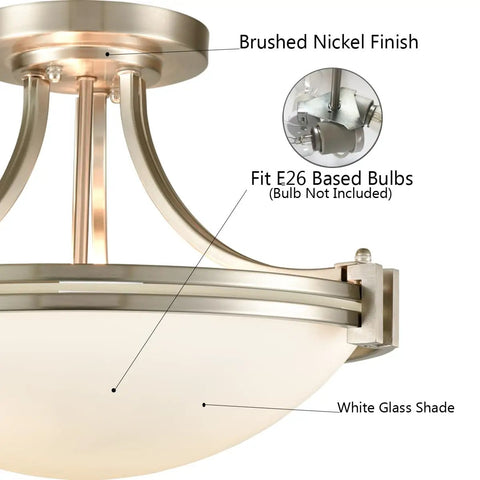Brushed nickel semi flush mount ceiling light with white glass shade and E26 bulb compatibility