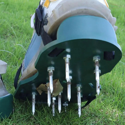 Shoe with 20 Pack 3 Inch Soil Aerator Replacement Spikes For Lawn Shoes Durable Aerator Tines attached, on grass.
