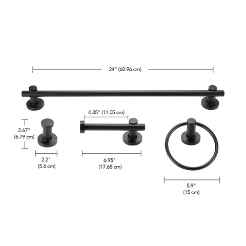 Five Piece Matte Black Bathroom Accessory Set With A 24 Inch Three Light Vanity Fixture E26 Base Towel Bar Towel Ring Robe Hook And Toilet Paper Holder Dimensions