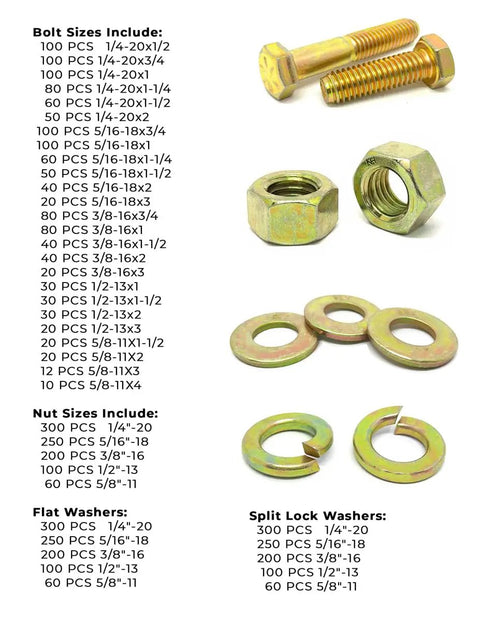 Grade 8 Hex Cap Screws Nuts Flat Washers And Lock Washers Assortment Kit With 4022 Pieces For Home Garage DIY Projects One Quarter Inch To Five Eighths Inch Zinc Yellow SAE Heavy Duty Hardware Kit, featuring various hardware sizes and types on a white background