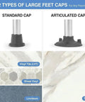 Image showing 2 types of large feet caps: Standard Cap and Articulated Cap for No Sweat Setup Heavy Duty Toilet Safety Rails.