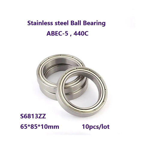 10 Piece Lot S6813ZZ Thin Wall Deep Groove Ball Bearings 65 By 85 By 10 mm ABEC 5 Stainless Steel Precision Double Shielded Units For Industrial Gear, two bearings close-up.