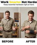 Adjustable Magnetic Wristband For Screws Nails And Small Tools Perfect For Mechanics Handymen And DIYers Keeps Tiny Parts Secure On Your Wrist For Quick Access And Faster Builds With Pro Grade Convenience. Black adjustable magnetic wristband on man holding screws
