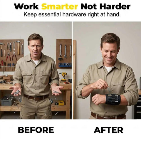 Adjustable Magnetic Wristband For Screws Nails And Small Tools Perfect For Mechanics Handymen And DIYers Keeps Tiny Parts Secure On Your Wrist For Quick Access And Faster Builds With Pro Grade Convenience. Black adjustable magnetic wristband on man holding screws