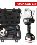 Image of Cordless Hydraulic Cable Cutter With Dual Batteries For Copper And Aluminum Cables Up To 75mm in a case with accessories, shown with dimensions