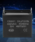 Top Shelf Heavy Duty CBB61 Style Run Capacitor 24 Microfarad 450 Volt AC for diesel engines, showing black casing and labels.