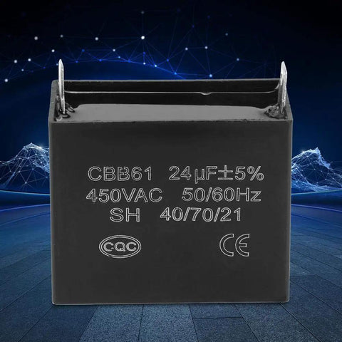 Top Shelf Heavy Duty CBB61 Style Run Capacitor 24 Microfarad 450 Volt AC for diesel engines, showing black casing and labels.