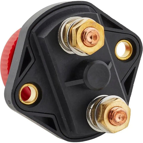 Heavy Duty Push Pull Battery Disconnect Switch For Muscle Cars And Drag Racing Builds That Safely Cuts Power On Your Rig While Keeping Your Ride Track Approved And Hella Reliable, showing copper terminals and a red knob.